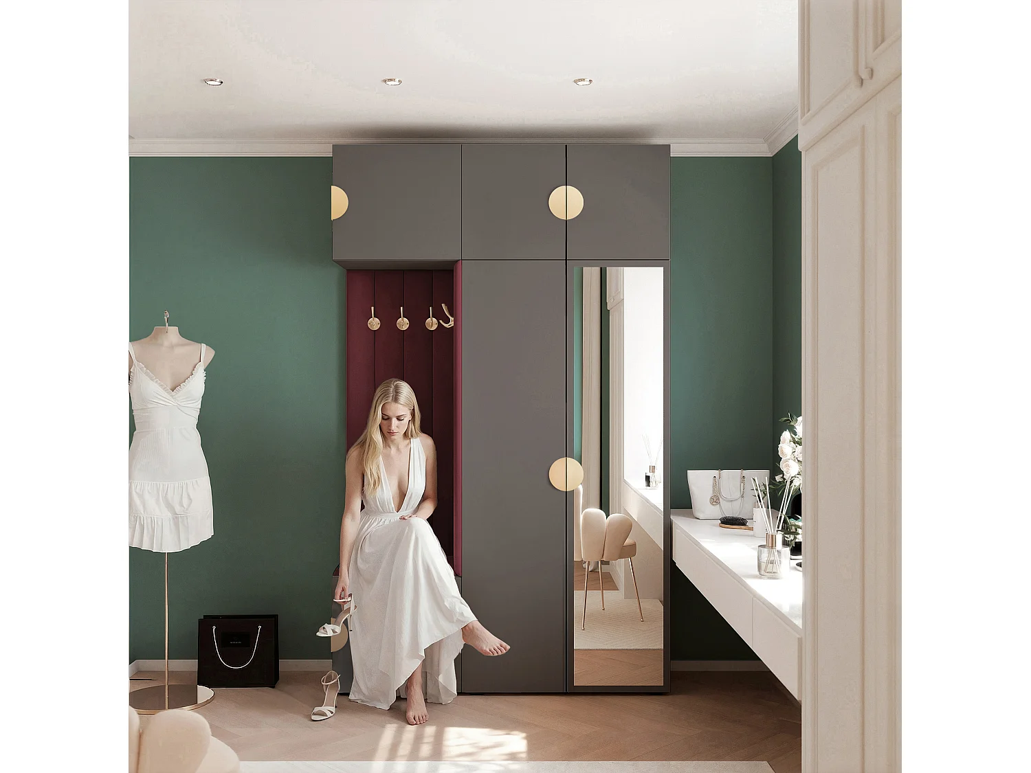 Garderobe Aria V7 Grau Gepolstert Samt Merlot mit Spiegel Kleiderhaken und Regalen