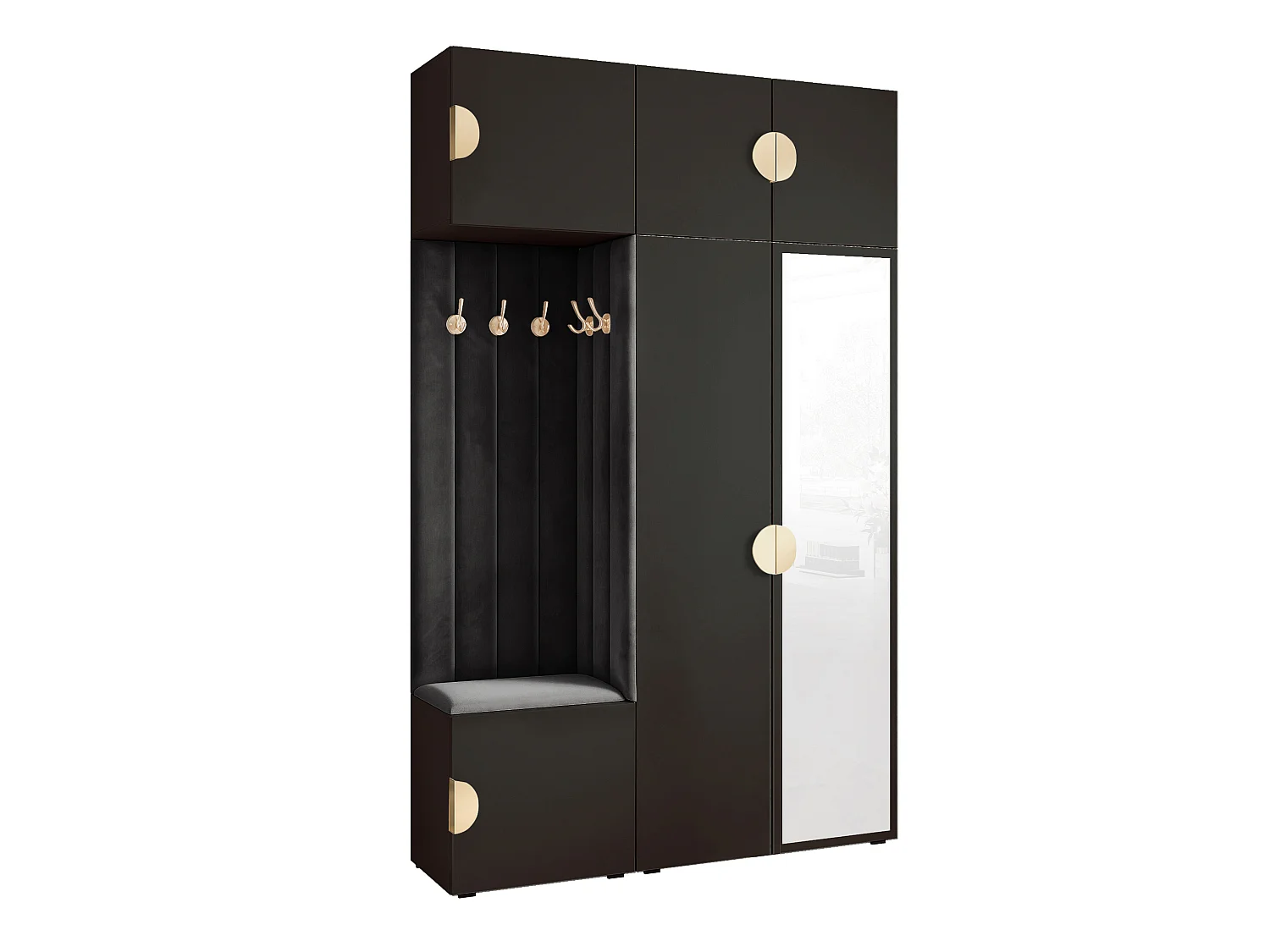 Garderobe Aria V7 Schwarz Gepolstert Samt Schwarz mit Spiegel Kleiderhaken und Regalen
