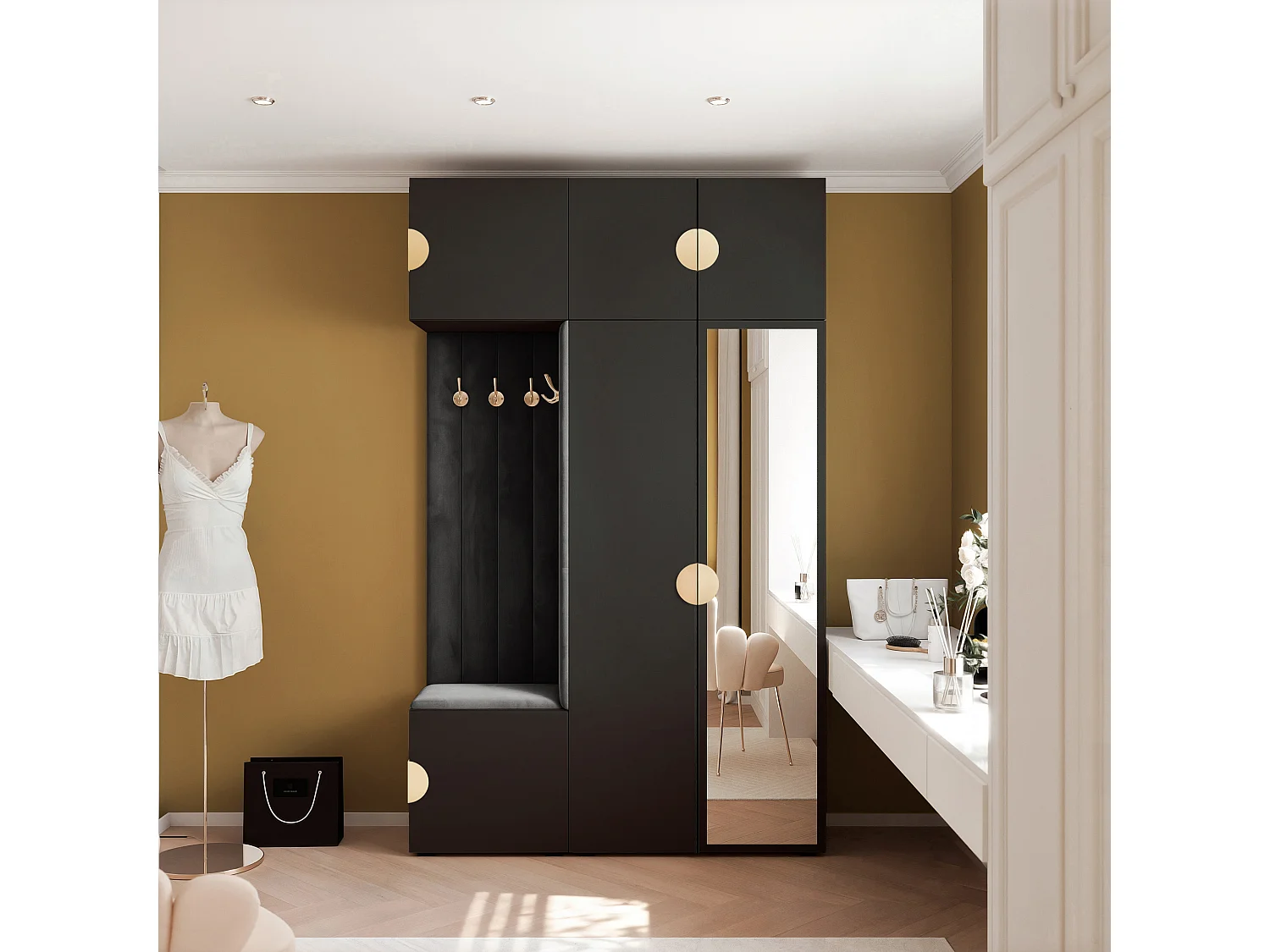 Garderobe Aria V7 Schwarz Gepolstert Samt Schwarz mit Spiegel Kleiderhaken und Regalen