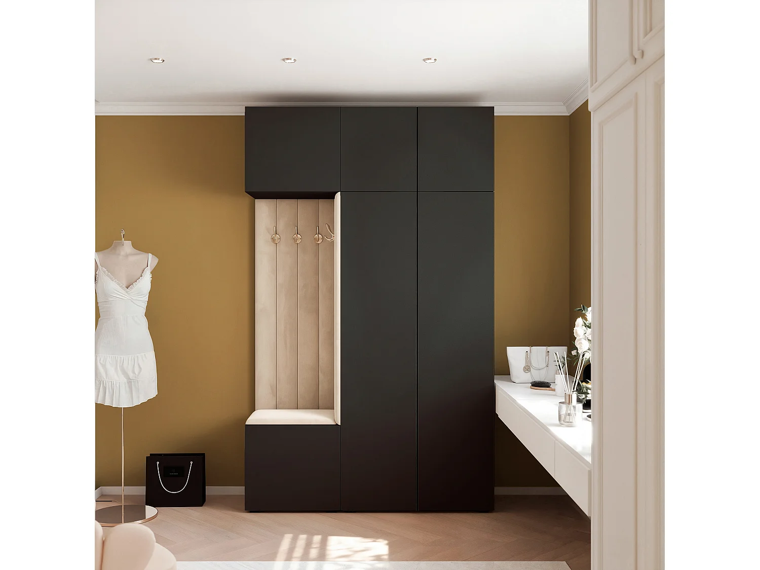 Vestiaire Aria V7 Noir Velours Rembourré  Beige Patères et Étagères