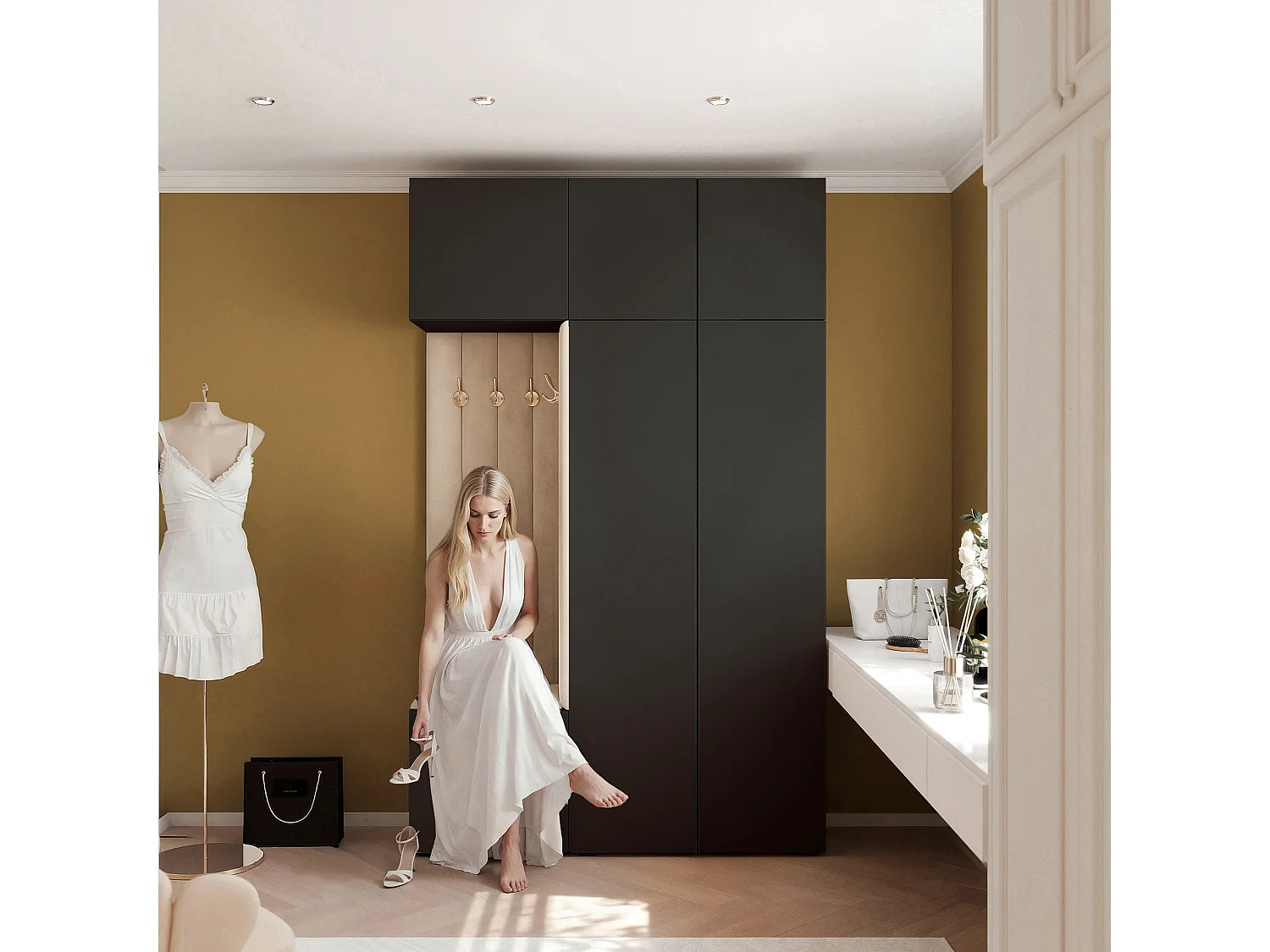 Vestiaire Aria V7 Noir Velours Rembourré  Beige Patères et Étagères