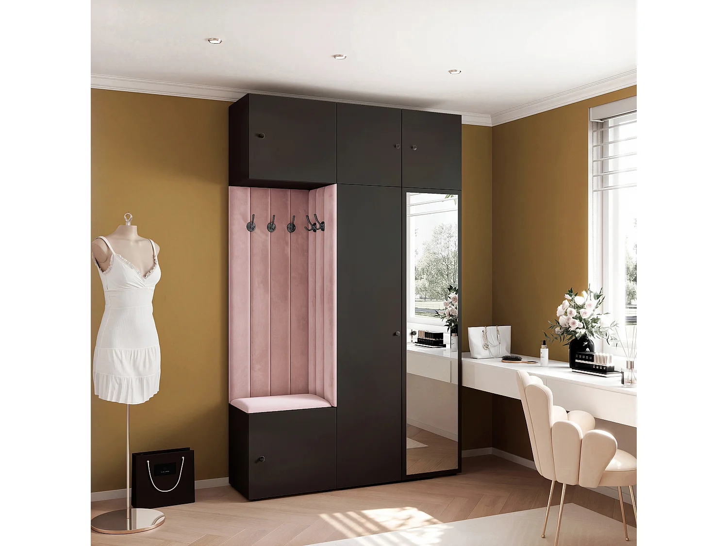Garderobe Aria V7 Schwarz Gepolstert Samt Rosa mit Spiegel Kleiderhaken und Regalen