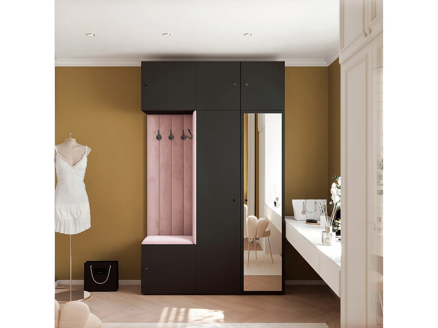 Garderobe Aria V7 Schwarz Gepolstert Samt Rosa mit Spiegel Kleiderhaken und Regalen