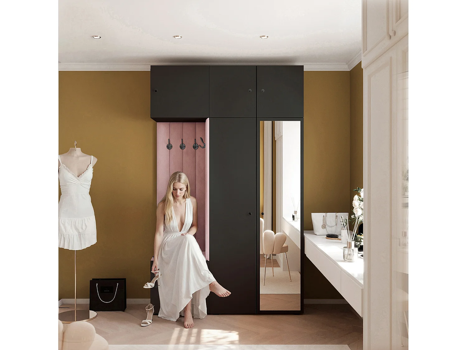 Garderobe Aria V7 Schwarz Gepolstert Samt Rosa mit Spiegel Kleiderhaken und Regalen
