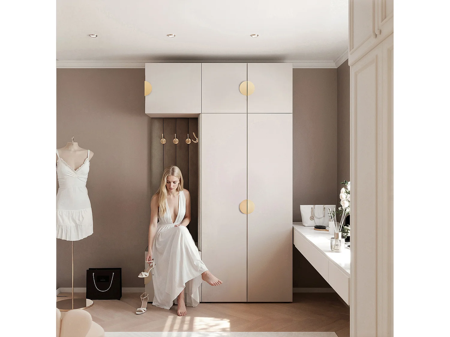 Garderobe Aria V7 Kaschmir Gepolstert  Samt Taupe Kleiderhaken und Regalen