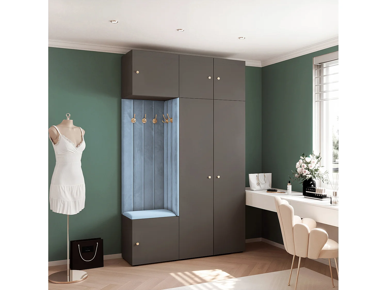 Garderobe Aria V7 Grau Gepolstert Samt Hellblau Kleiderhaken und Regalen