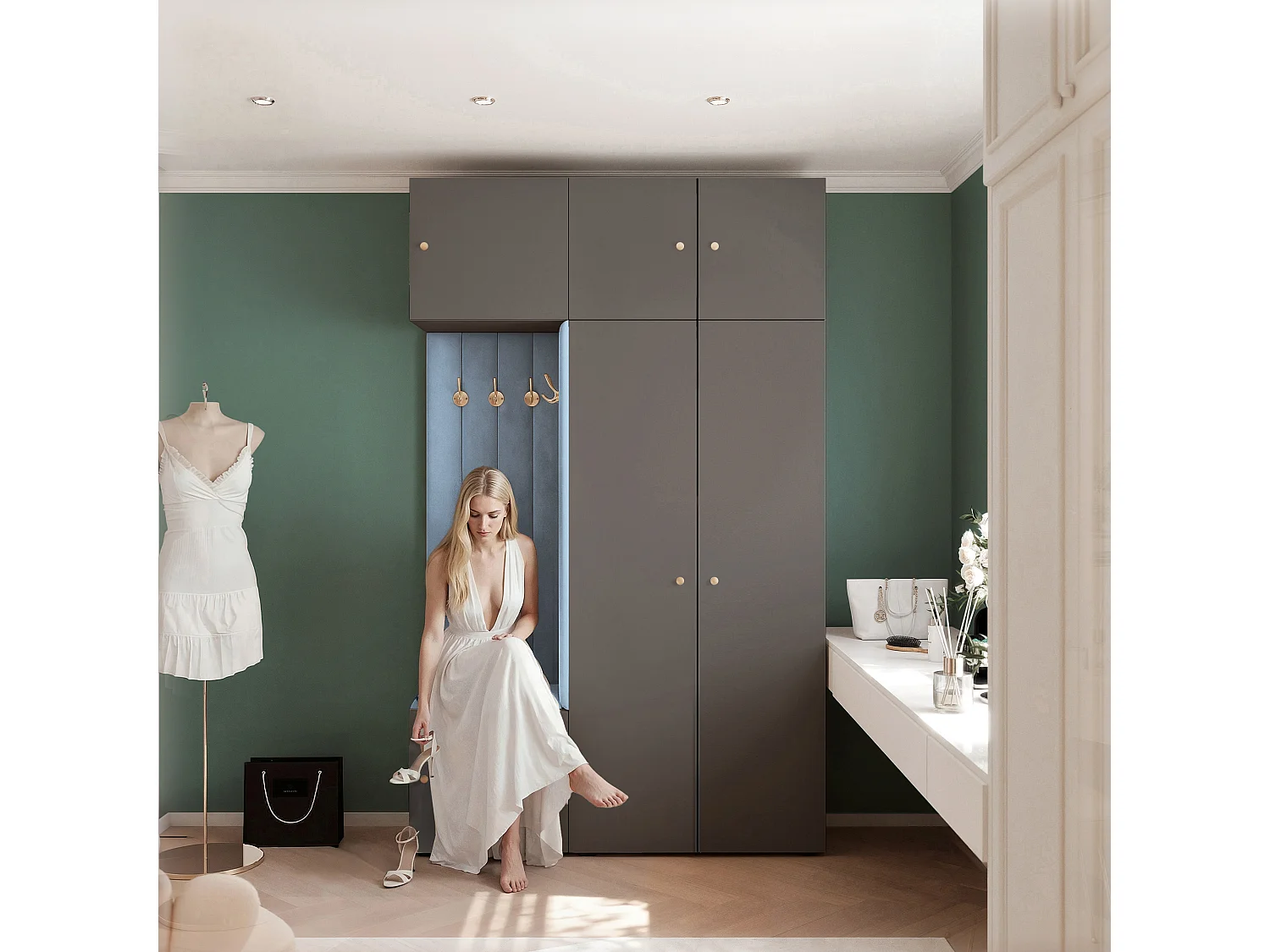 Garderobe Aria V7 Grau Gepolstert Samt Hellblau Kleiderhaken und Regalen