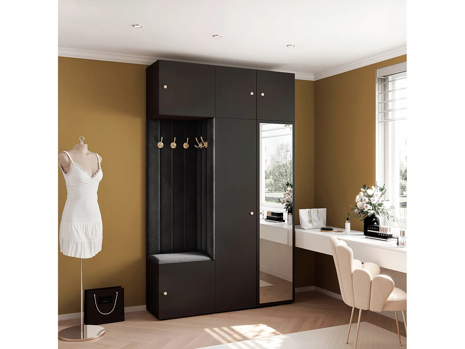 Garderobe Aria V7 Schwarz Gepolstert Samt Schwarz mit Spiegel Kleiderhaken und Regalen