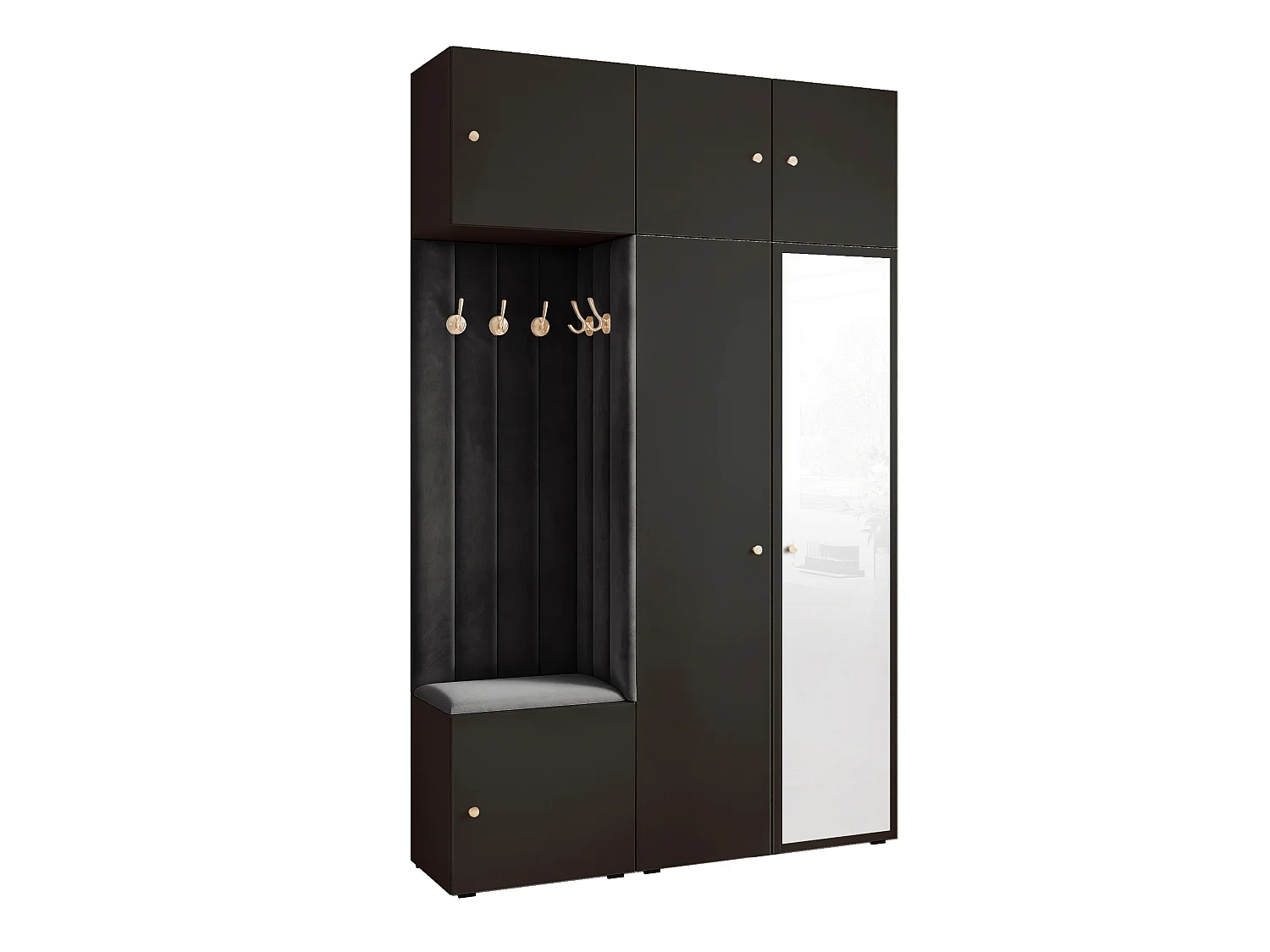 Garderobe Aria V7 Schwarz Gepolstert Samt Schwarz mit Spiegel Kleiderhaken und Regalen