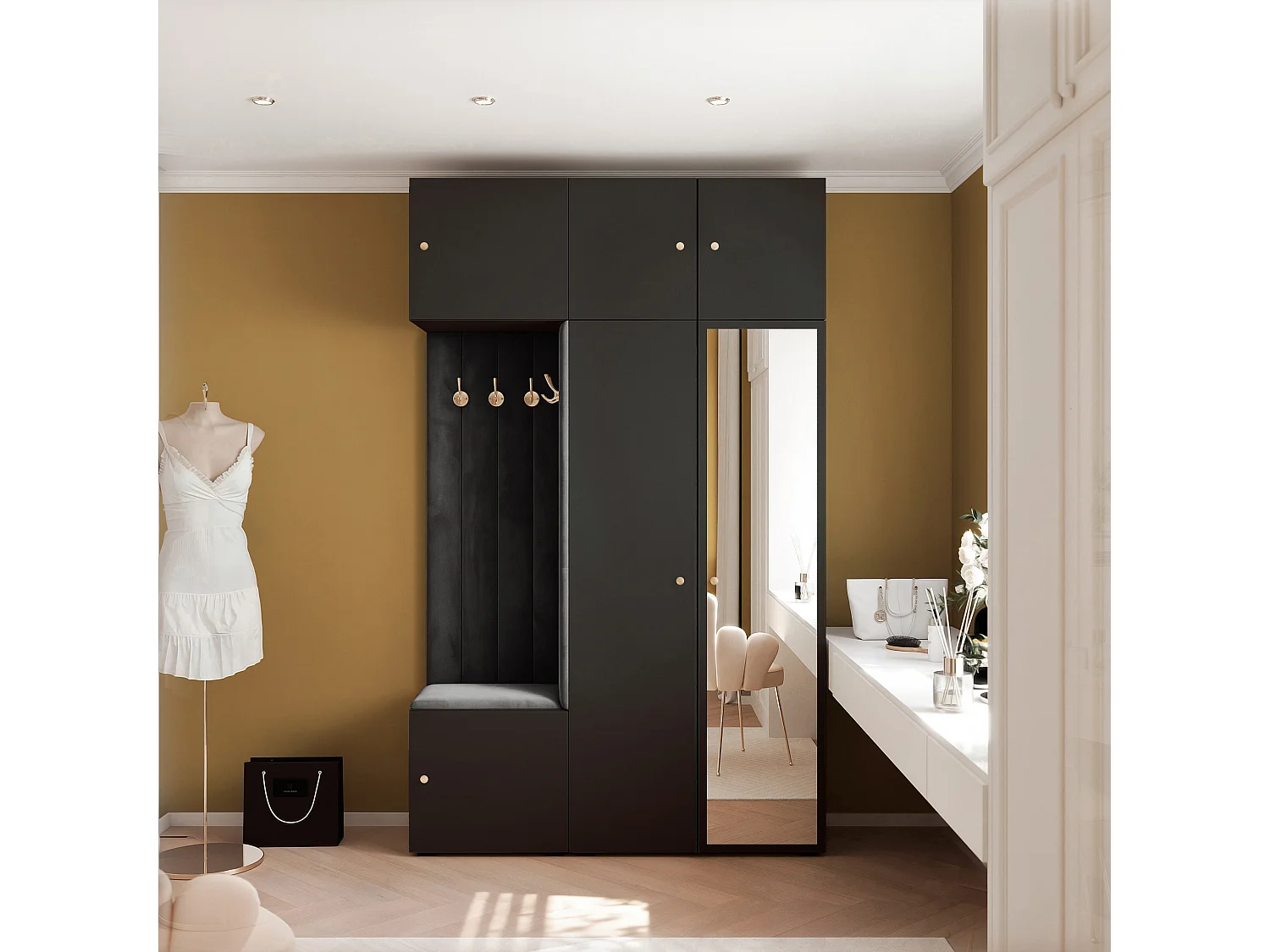 Garderobe Aria V7 Schwarz Gepolstert Samt Schwarz mit Spiegel Kleiderhaken und Regalen