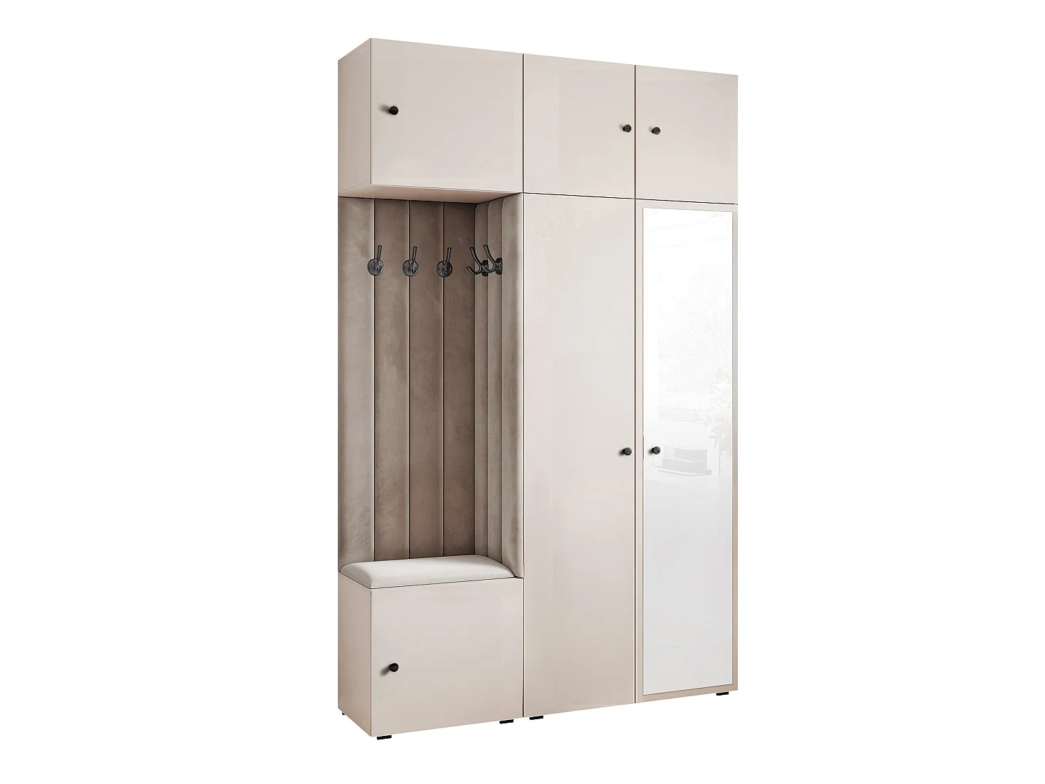 Garderobe Aria V7 Kaschmir Gepolstert Samt Mausgrau mit Spiegel Kleiderhaken und Regalen