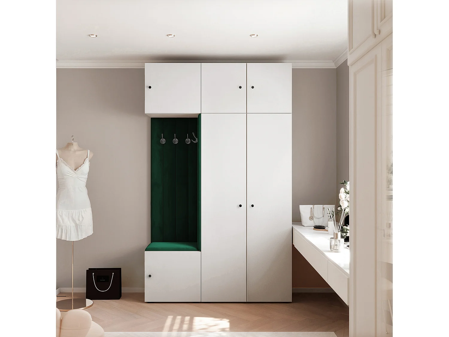 Garderobe Aria V7 Weiß Gepolstert Samt Dunkelgrün Kleiderhaken und Regalen