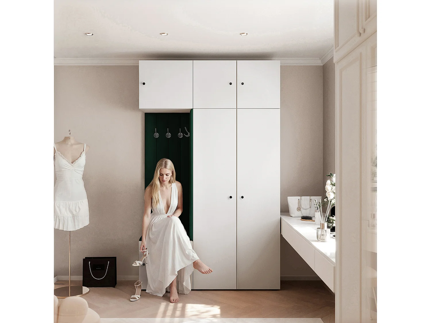 Garderobe Aria V7 Weiß Gepolstert Samt Dunkelgrün Kleiderhaken und Regalen