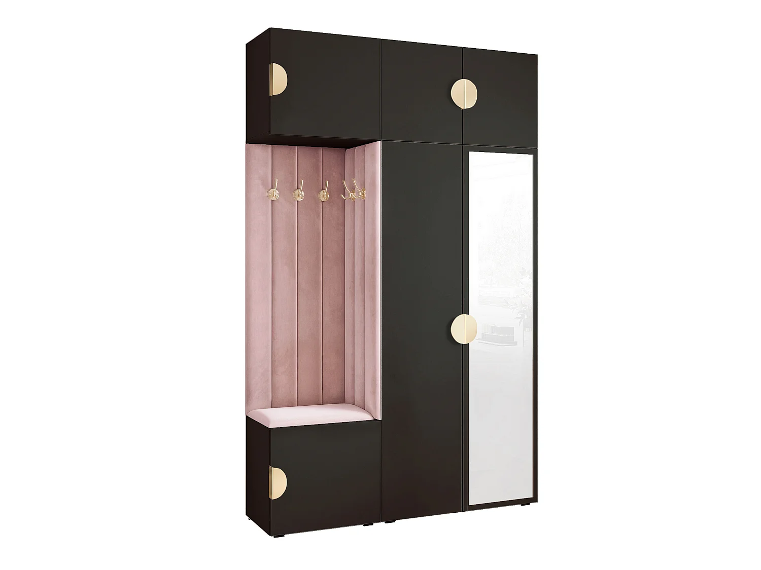 Garderobe Aria V7 Schwarz Gepolstert Samt Rosa mit Spiegel Kleiderhaken und Regalen