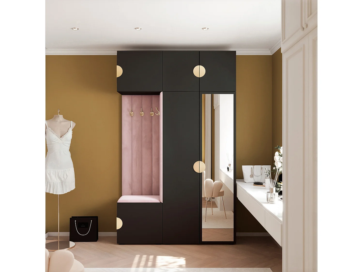 Garderobe Aria V7 Schwarz Gepolstert Samt Rosa mit Spiegel Kleiderhaken und Regalen