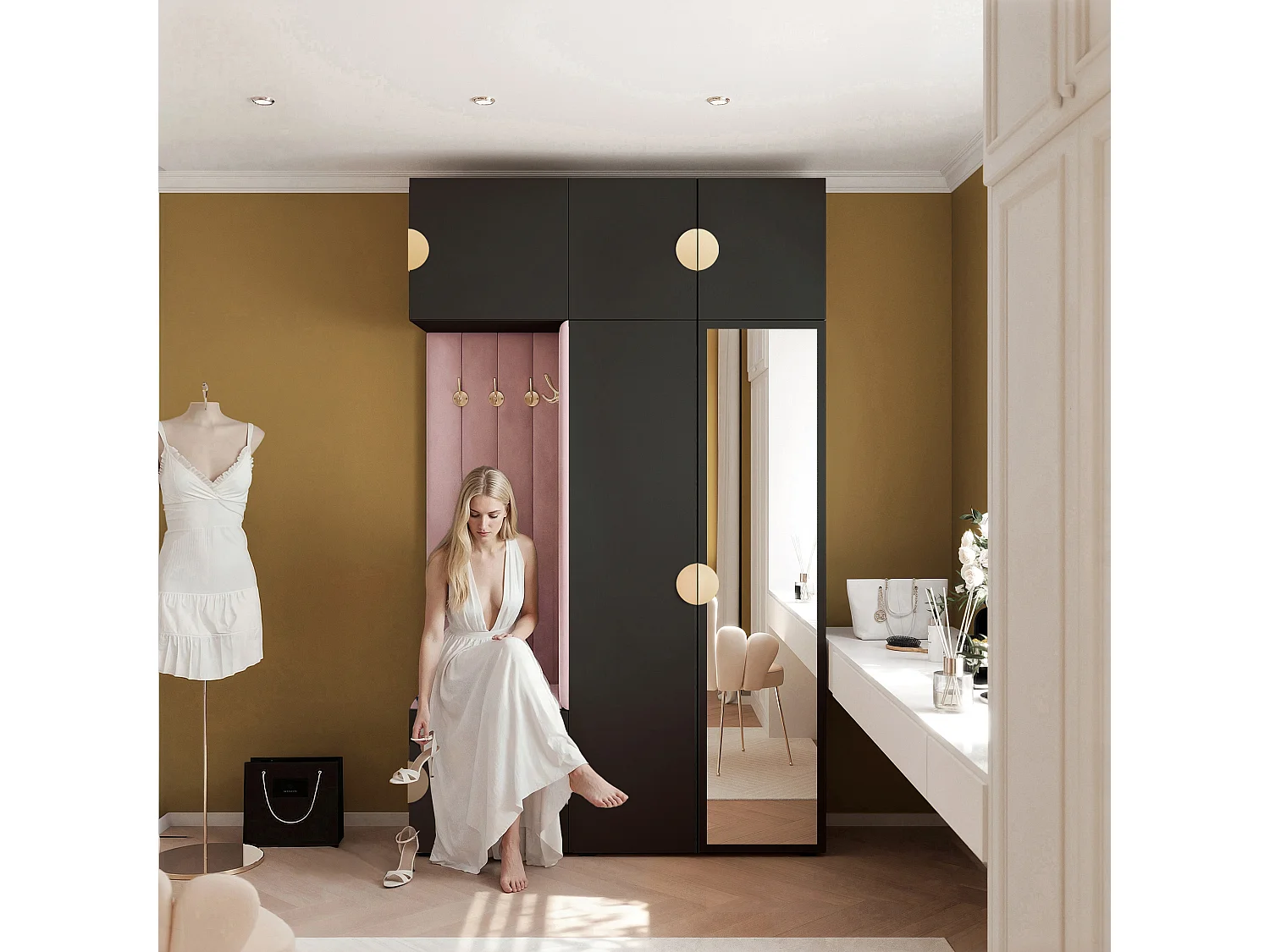 Garderobe Aria V7 Schwarz Gepolstert Samt Rosa mit Spiegel Kleiderhaken und Regalen