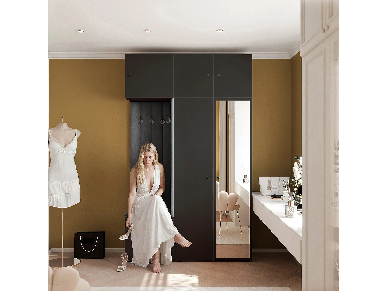 Garderobe Aria V7 Schwarz Gepolstert Samt Graphit Kleiderhaken und Regalen