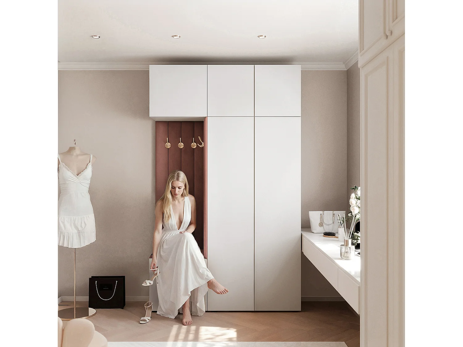Vestiaire Aria V7 Blanc Velours Rembourré Rouille Patères et Étagères