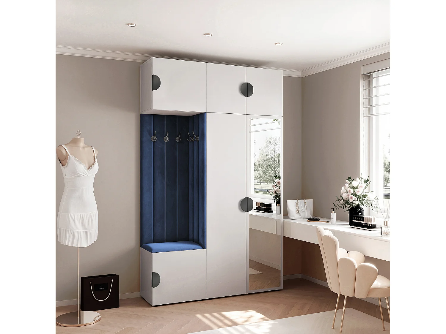 Garderobe Aria V7 Weiß Gepolstert Samt Atlantikblau mit Spiegel Kleiderhaken und Regalen