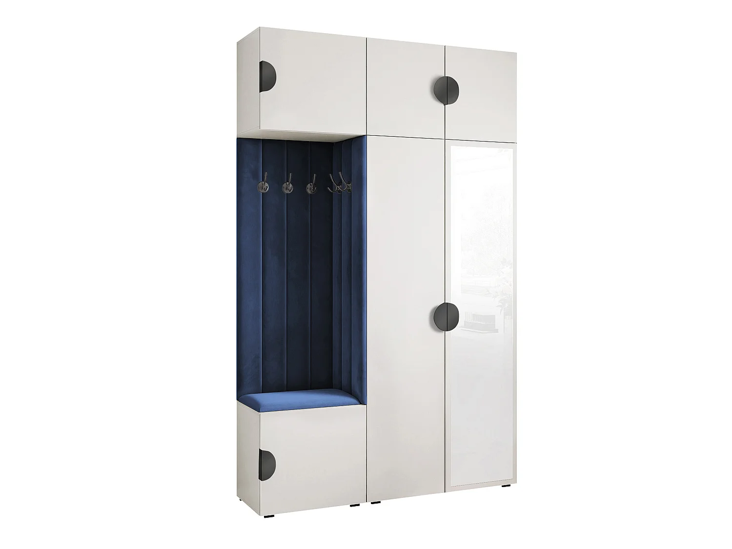 Garderobe Aria V7 Weiß Gepolstert Samt Atlantikblau mit Spiegel Kleiderhaken und Regalen
