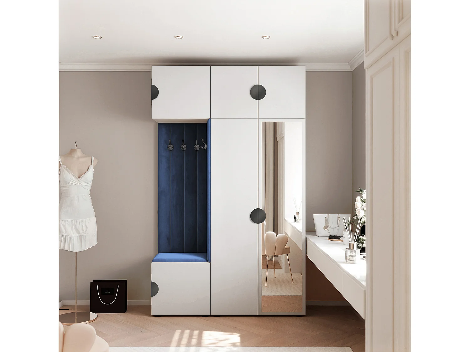 Garderobe Aria V7 Weiß Gepolstert Samt Atlantikblau mit Spiegel Kleiderhaken und Regalen