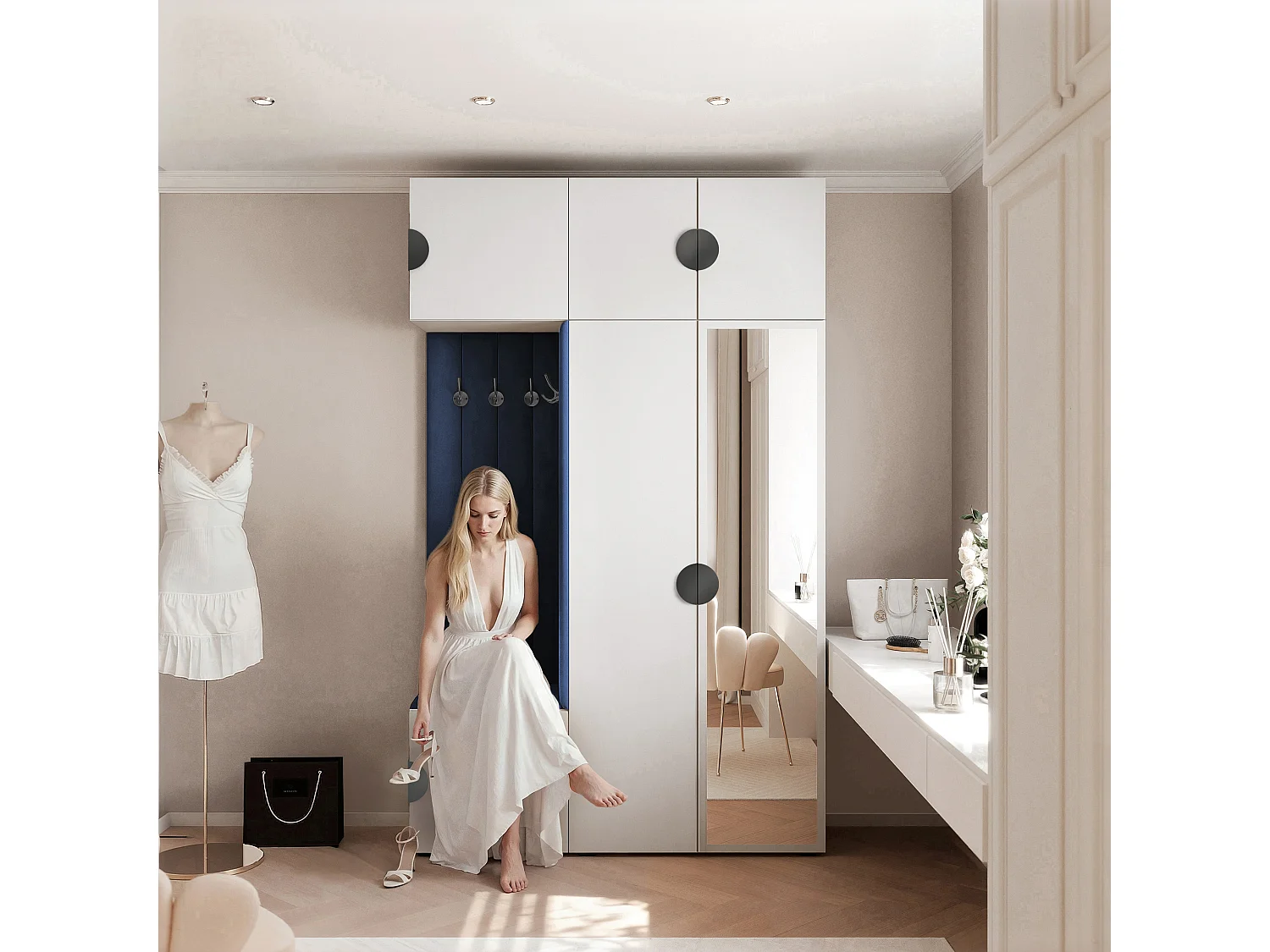 Garderobe Aria V7 Weiß Gepolstert Samt Atlantikblau mit Spiegel Kleiderhaken und Regalen