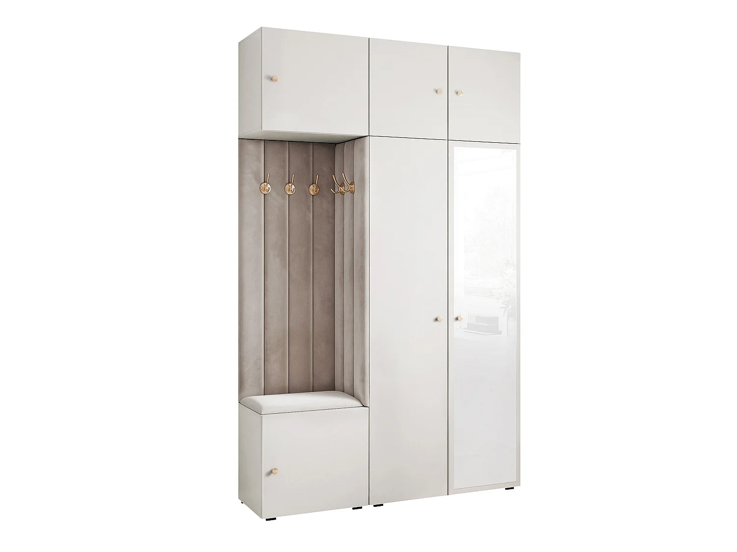 Garderobe Aria V7 Weiß Gepolstert Samt Hellgrau mit Spiegel Kleiderhaken und Regalen