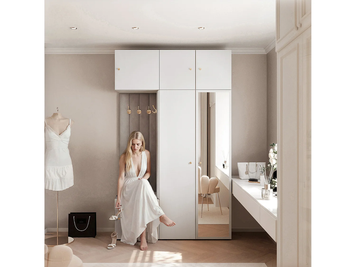 Garderobe Aria V7 Weiß Gepolstert Samt Hellgrau mit Spiegel Kleiderhaken und Regalen