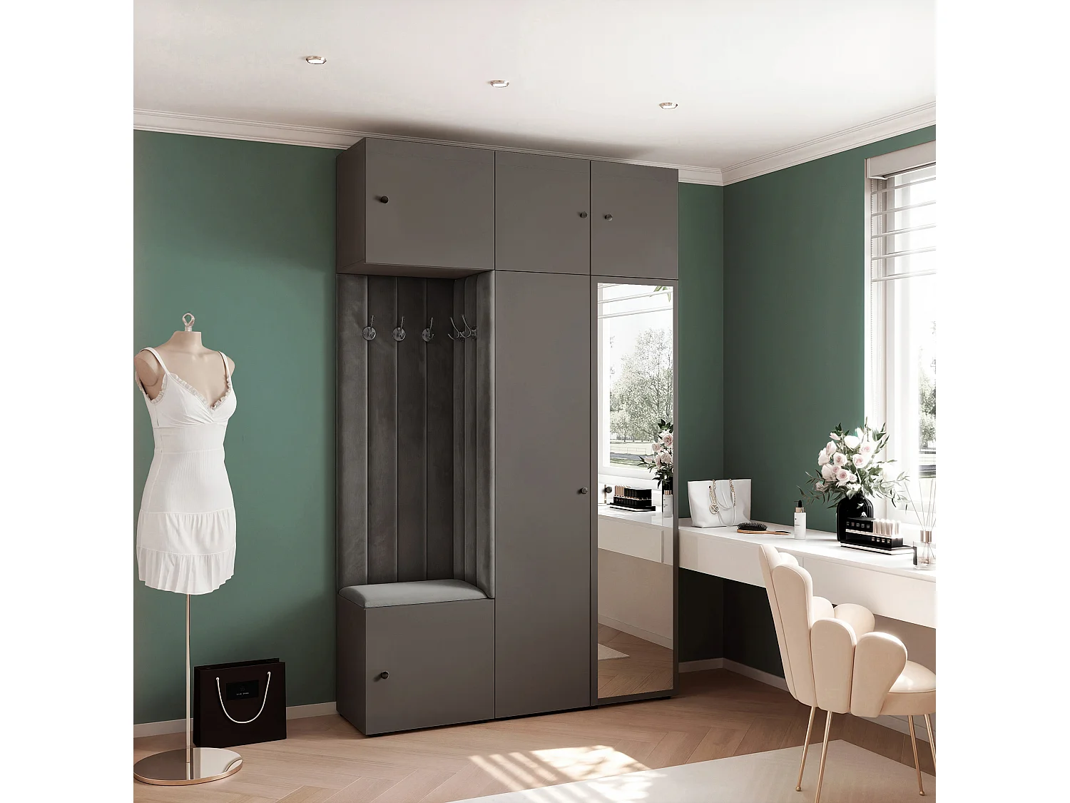 Garderobe Aria V7 Grau Gepolstert Samt Anthrazit mit Spiegel Kleiderhaken und Regalen