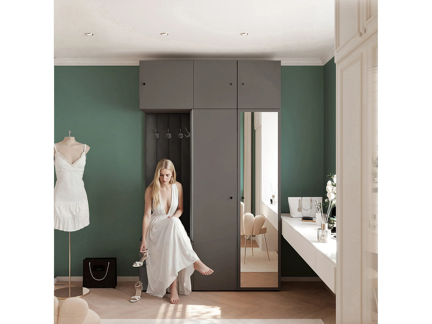 Garderobe Aria V7 Grau Gepolstert Samt Anthrazit mit Spiegel Kleiderhaken und Regalen