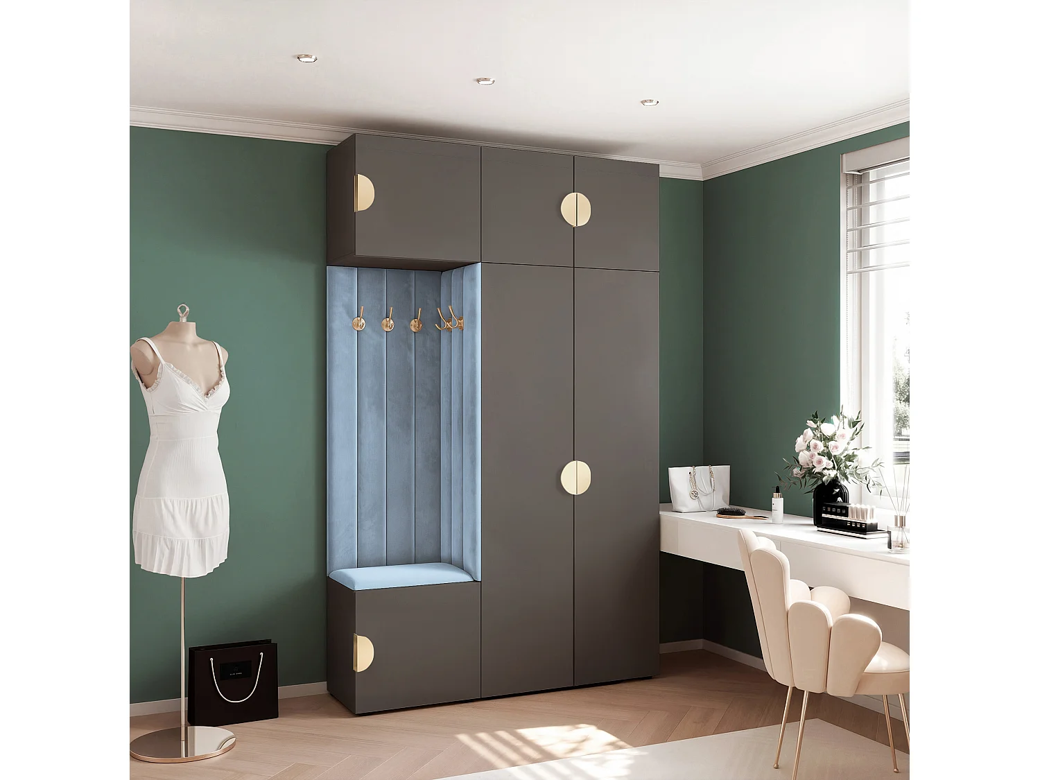 Garderobe Aria V7 Grau Gepolstert  Samt Hellblau Kleiderhaken und Regalen