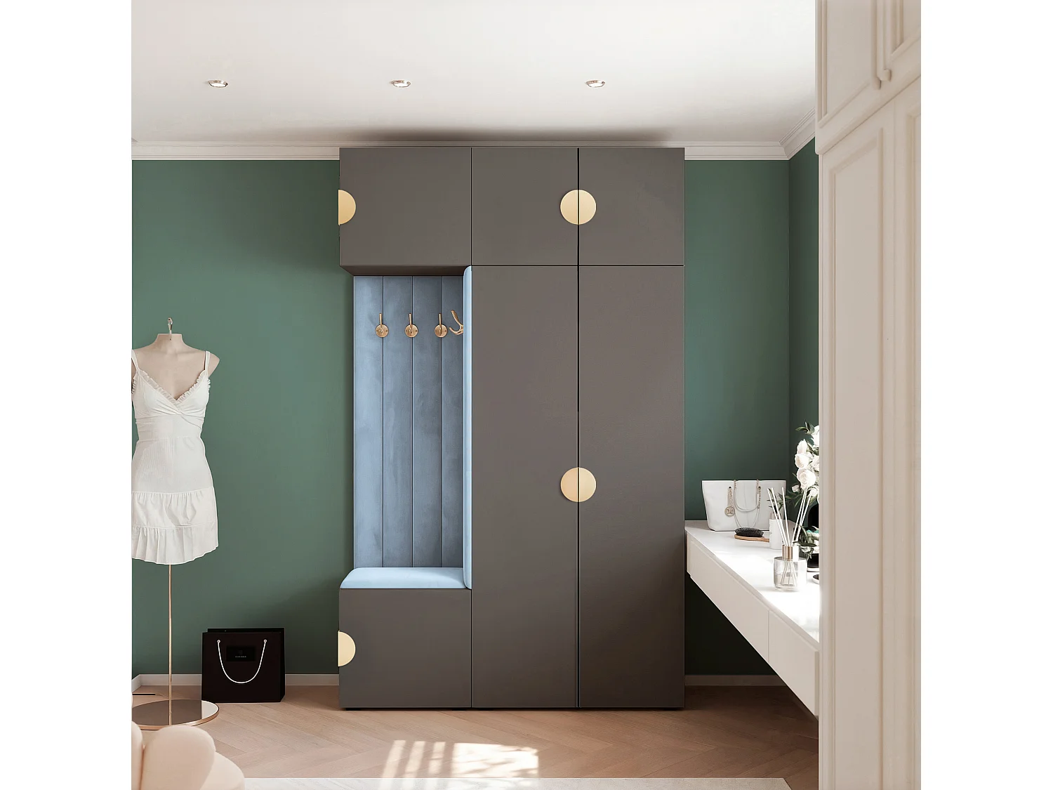 Garderobe Aria V7 Grau Gepolstert  Samt Hellblau Kleiderhaken und Regalen