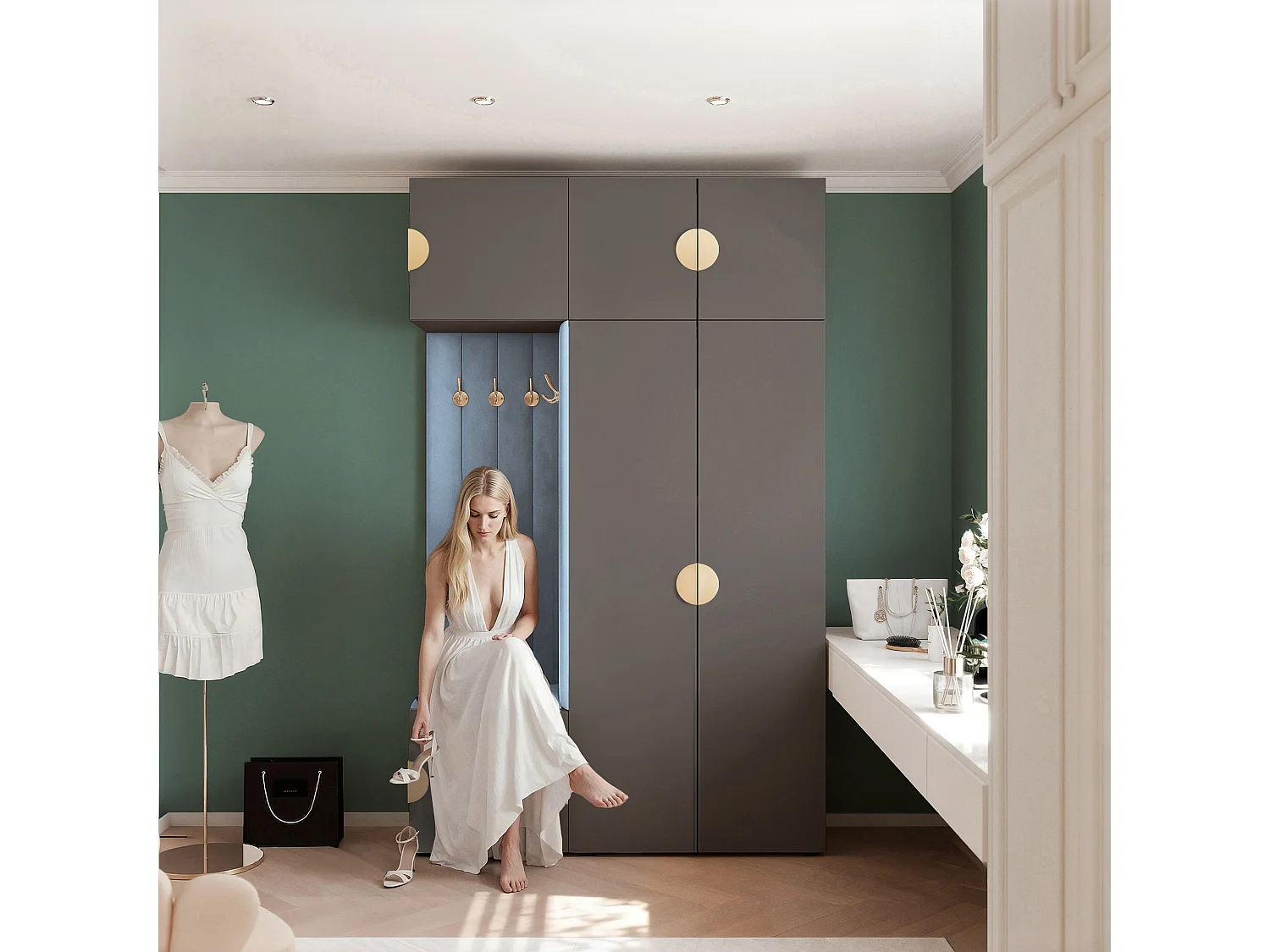 Garderobe Aria V7 Grau Gepolstert  Samt Hellblau Kleiderhaken und Regalen