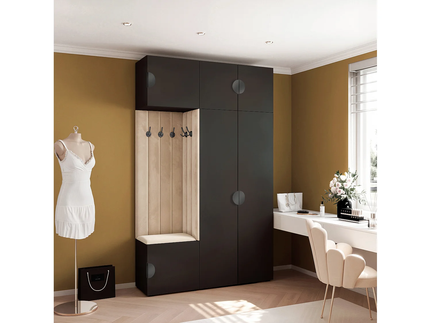 Garderobe Aria V7 Schwarz Gepolstert Samt Beige Kleiderhaken und Regalen