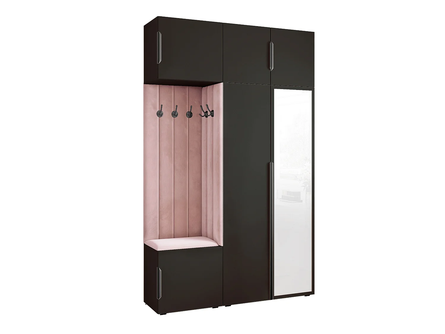 Garderobe Aria V7 Schwarz Gepolstert Samt Rosa mit Spiegel Kleiderhaken und Regalen