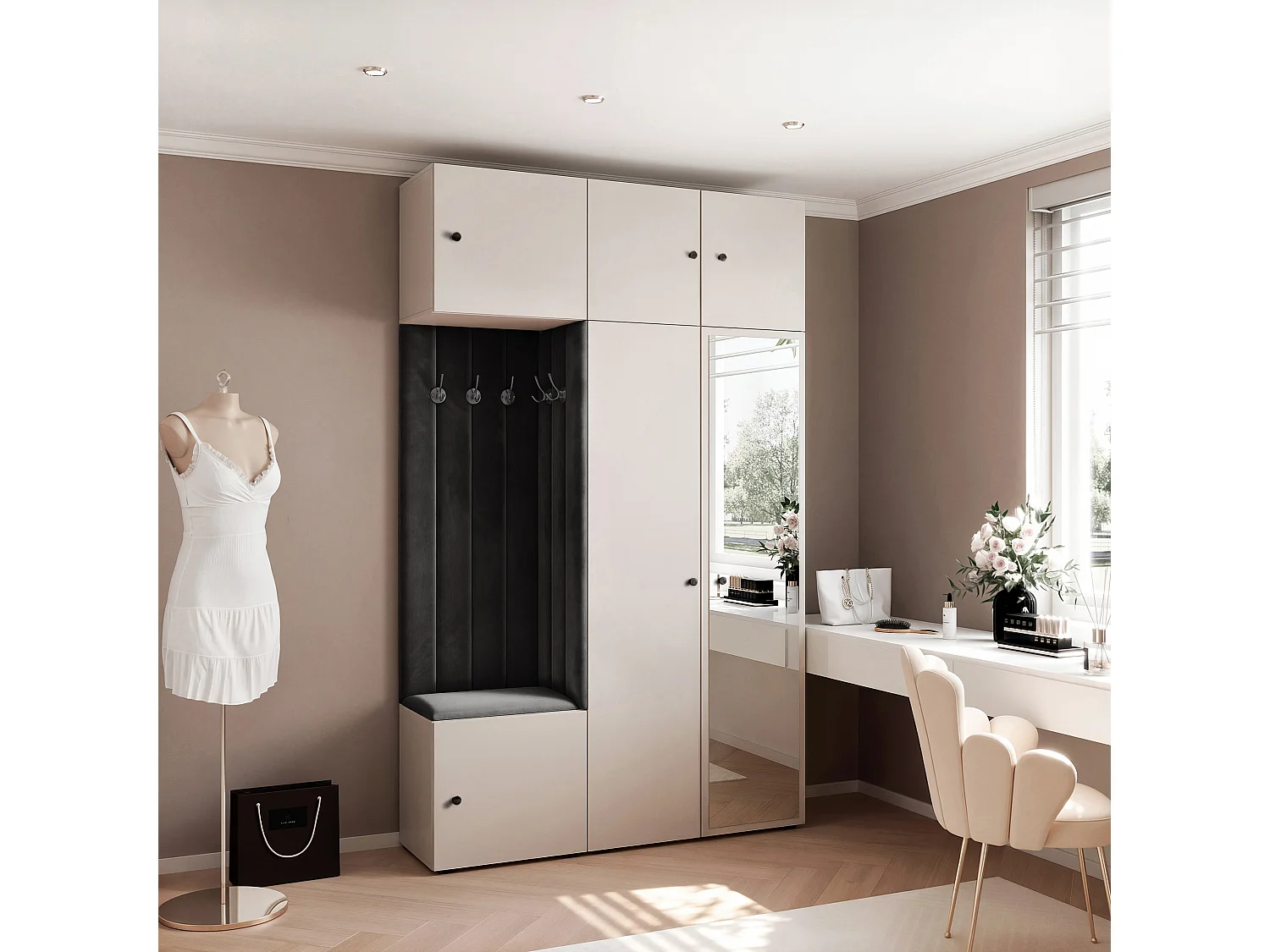 Garderobe Aria V7 Kaschmir Gepolstert Samt Schwarz mit Spiegel Kleiderhaken und Regalen