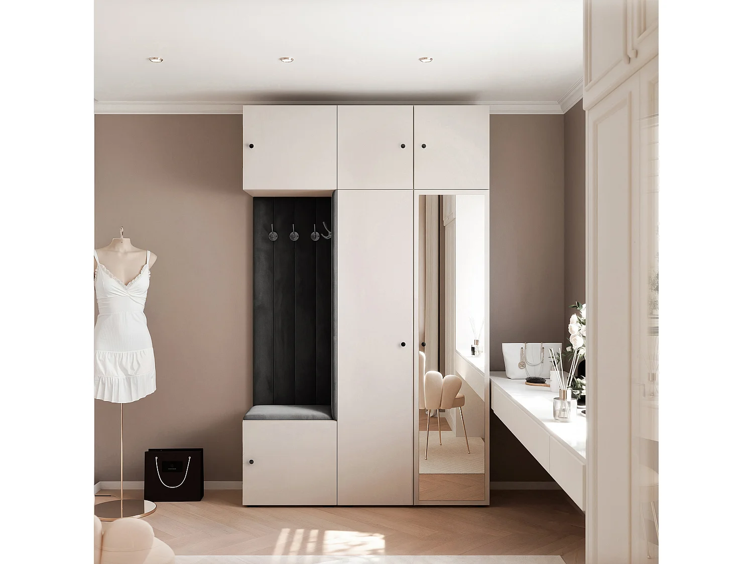 Garderobe Aria V7 Kaschmir Gepolstert Samt Schwarz mit Spiegel Kleiderhaken und Regalen