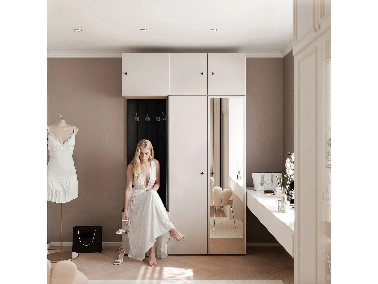 Garderobe Aria V7 Kaschmir Gepolstert Samt Schwarz mit Spiegel Kleiderhaken und Regalen