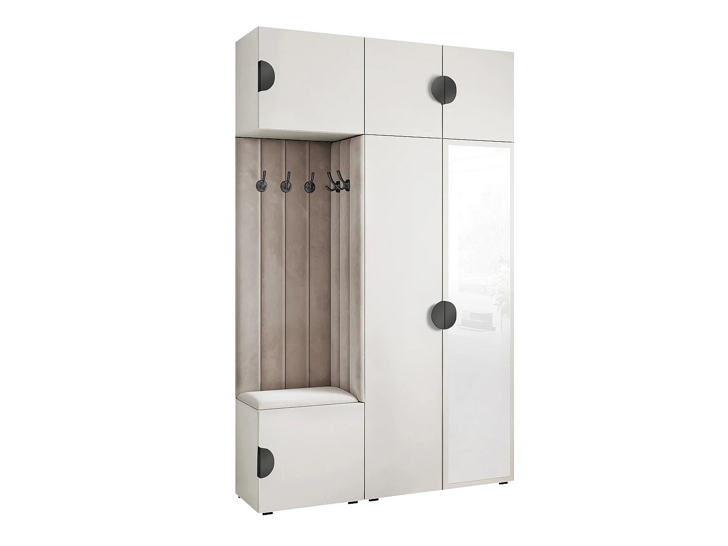 Garderobe Aria V7 Weiß Gepolstert Samt Hellgrau mit Spiegel Kleiderhaken und Regalen