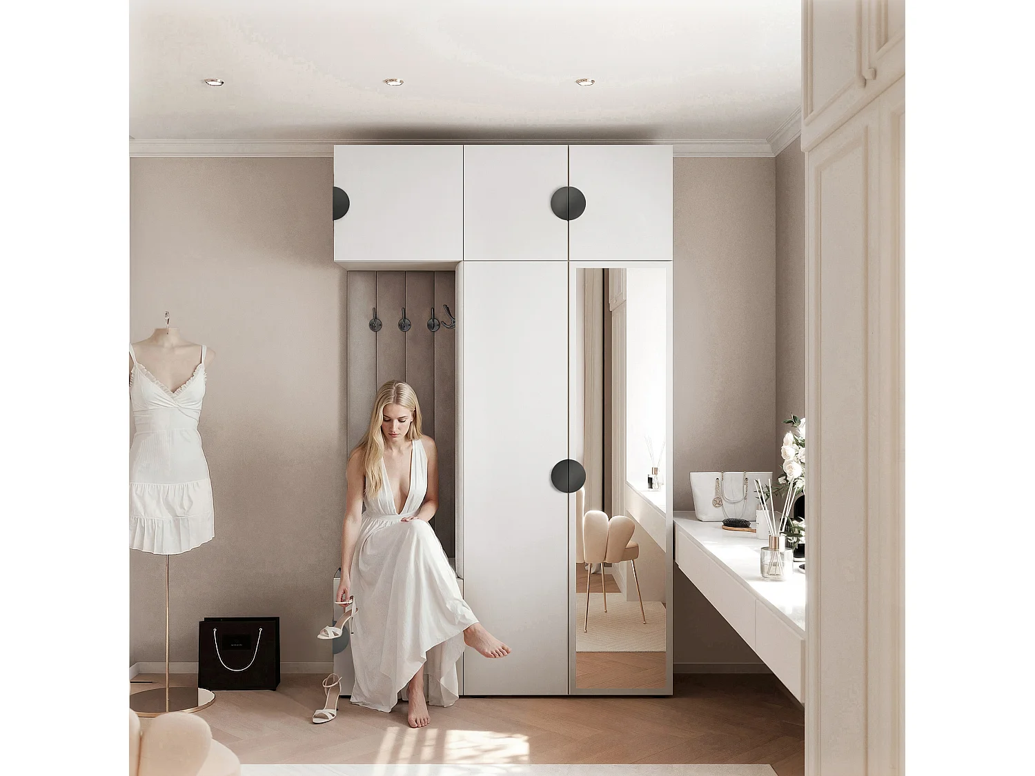 Garderobe Aria V7 Weiß Gepolstert Samt Hellgrau mit Spiegel Kleiderhaken und Regalen