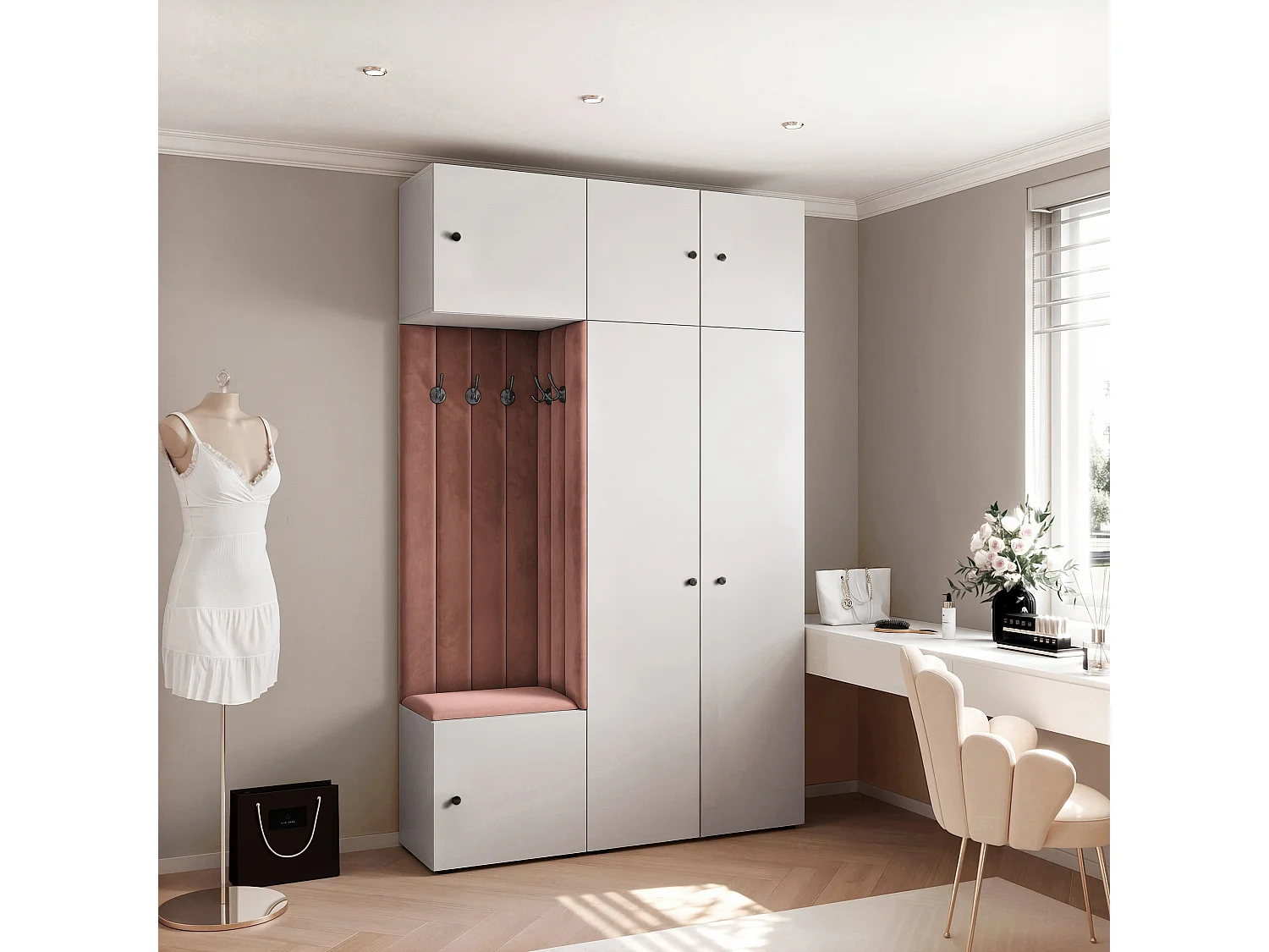 Garderobe Aria V7 Weiß Gepolstert Samt Rostrot Kleiderhaken und Regalen