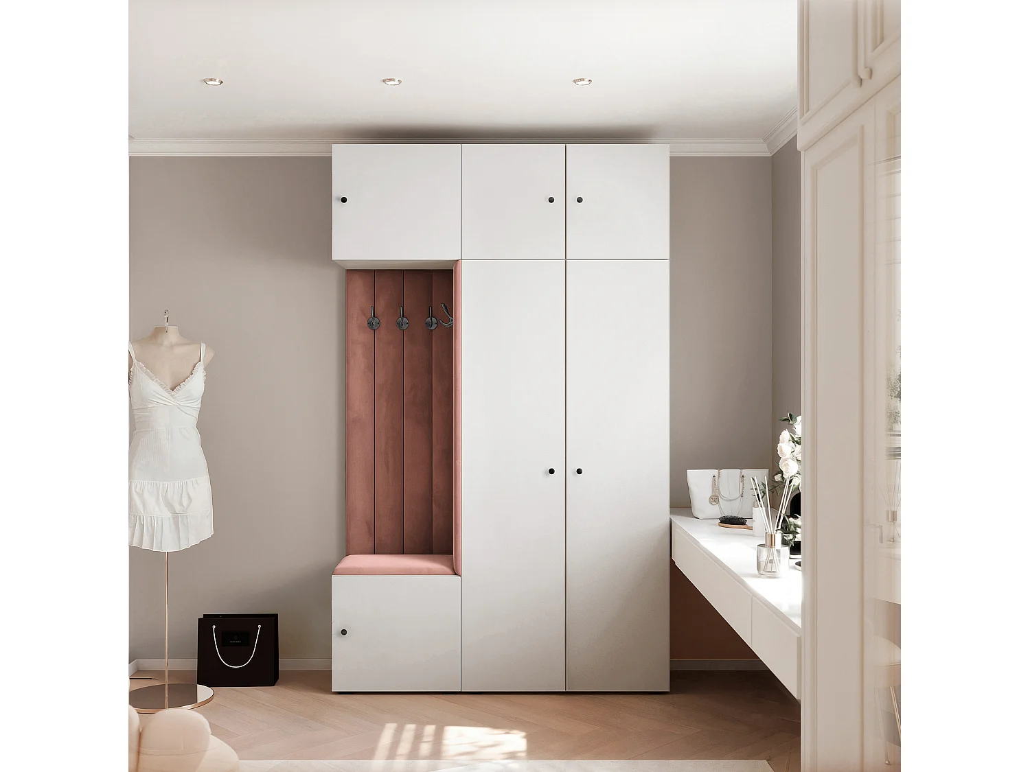 Garderobe Aria V7 Weiß Gepolstert Samt Rostrot Kleiderhaken und Regalen