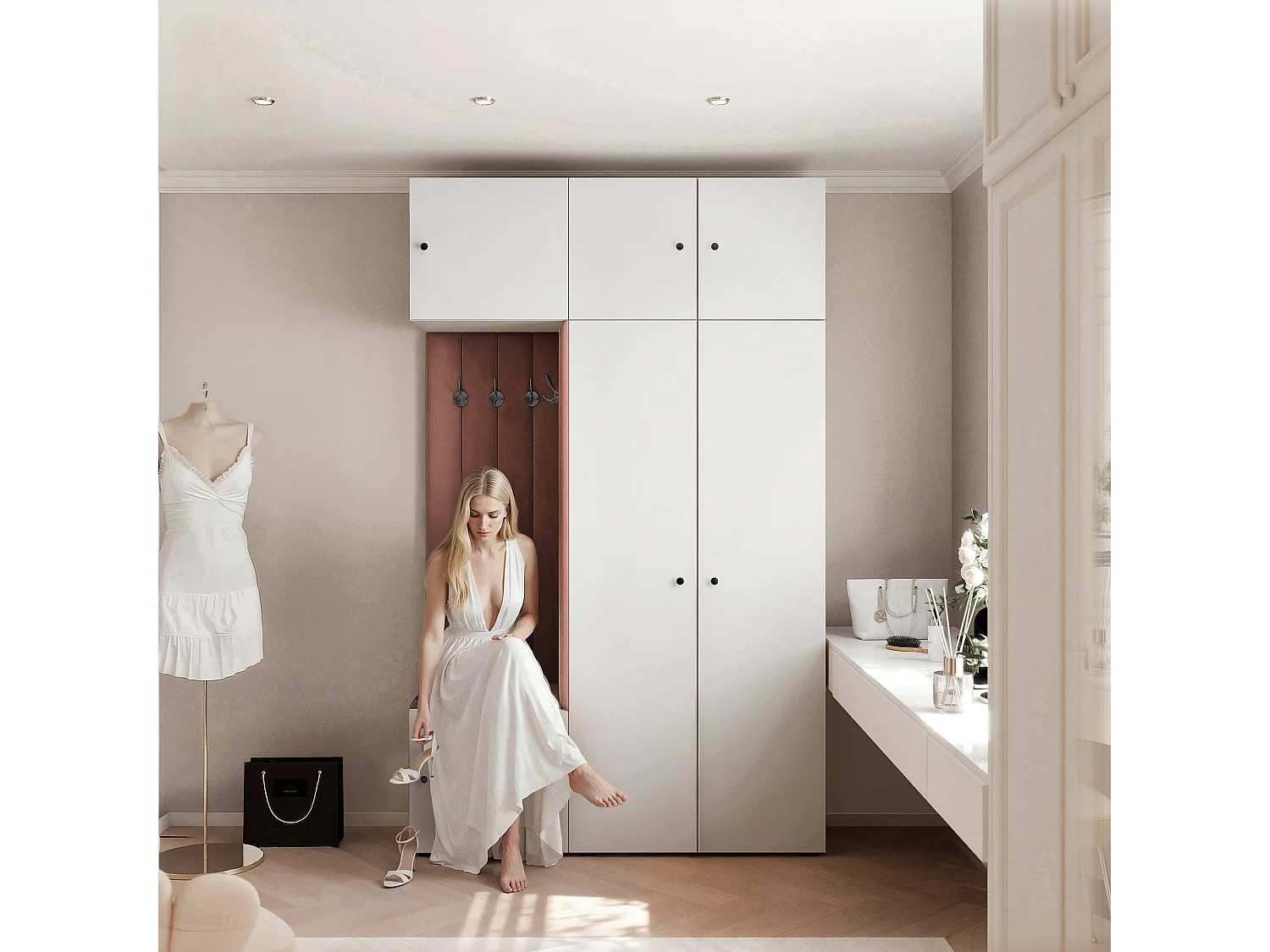 Garderobe Aria V7 Weiß Gepolstert Samt Rostrot Kleiderhaken und Regalen