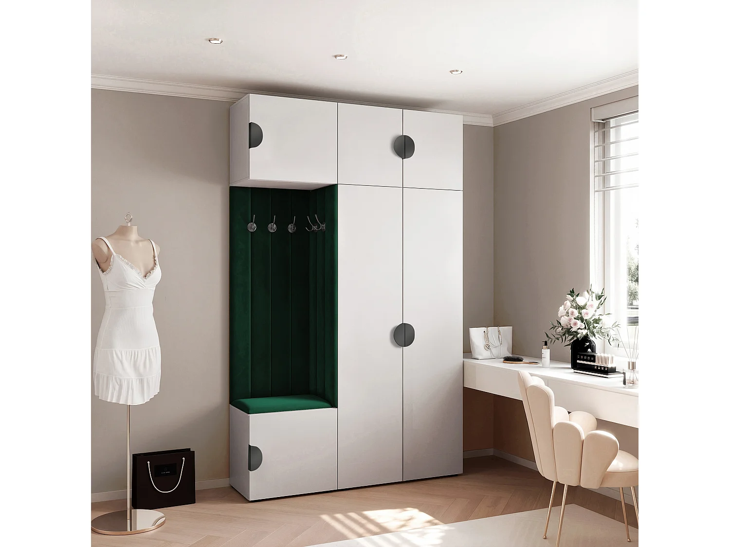 Garderobe Aria V7 Weiß Gepolstert Samt Dunkelgrün Kleiderhaken und Regalen