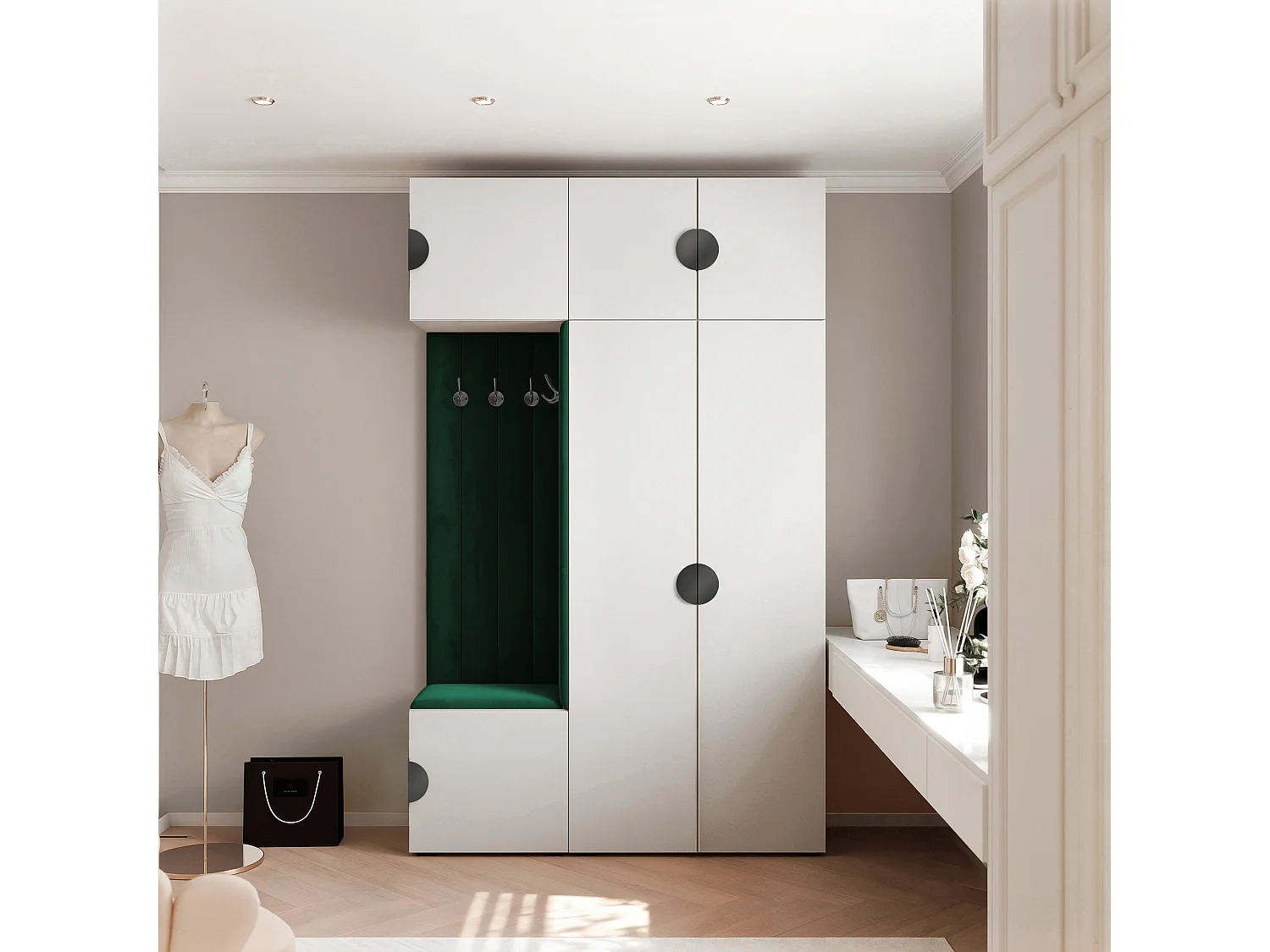 Garderobe Aria V7 Weiß Gepolstert Samt Dunkelgrün Kleiderhaken und Regalen