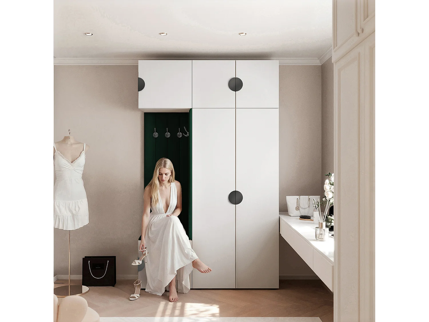 Garderobe Aria V7 Weiß Gepolstert Samt Dunkelgrün Kleiderhaken und Regalen