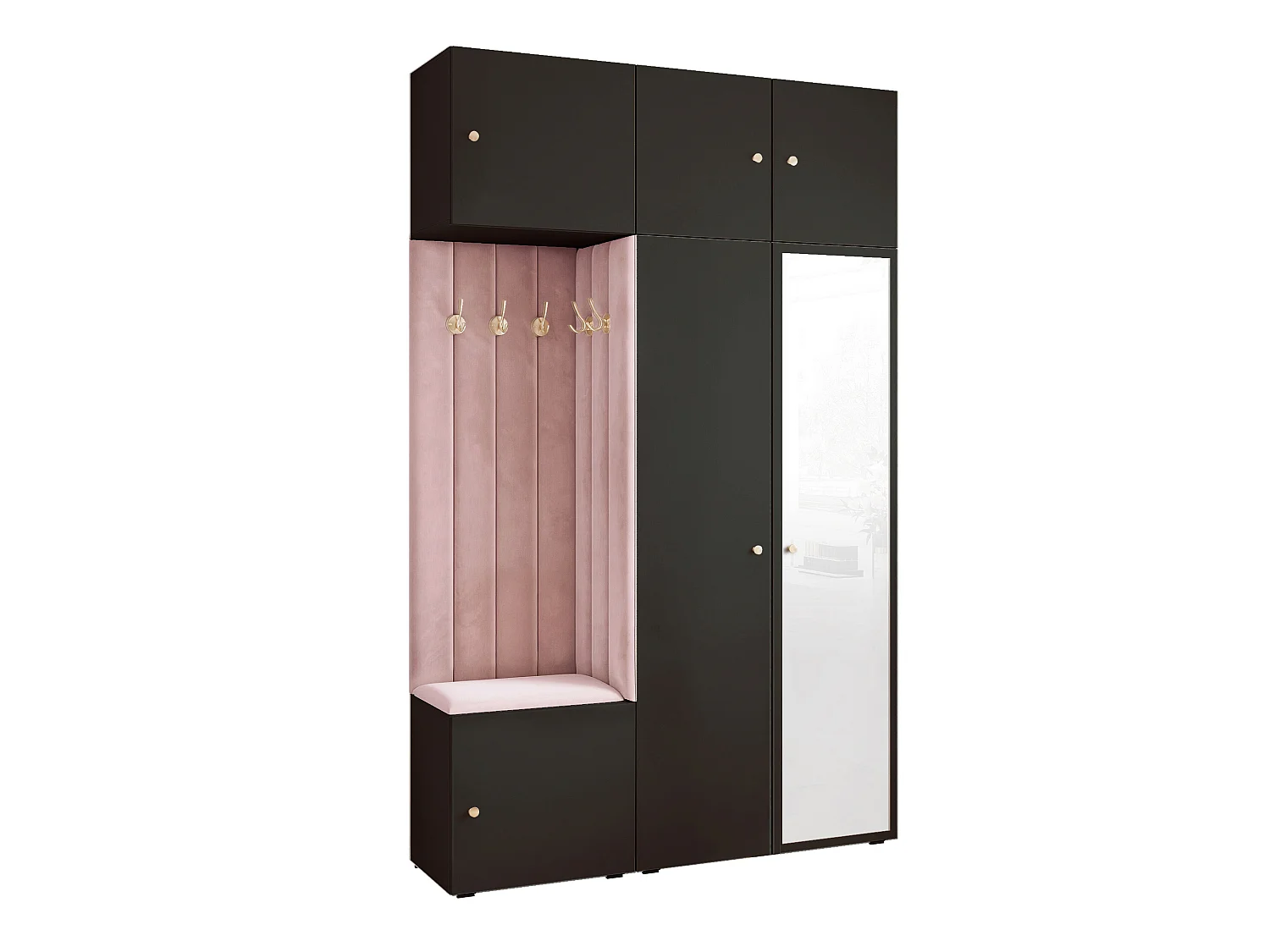 Garderobe Aria V7 Schwarz Gepolstert Samt Rosa mit Spiegel Kleiderhaken und Regalen