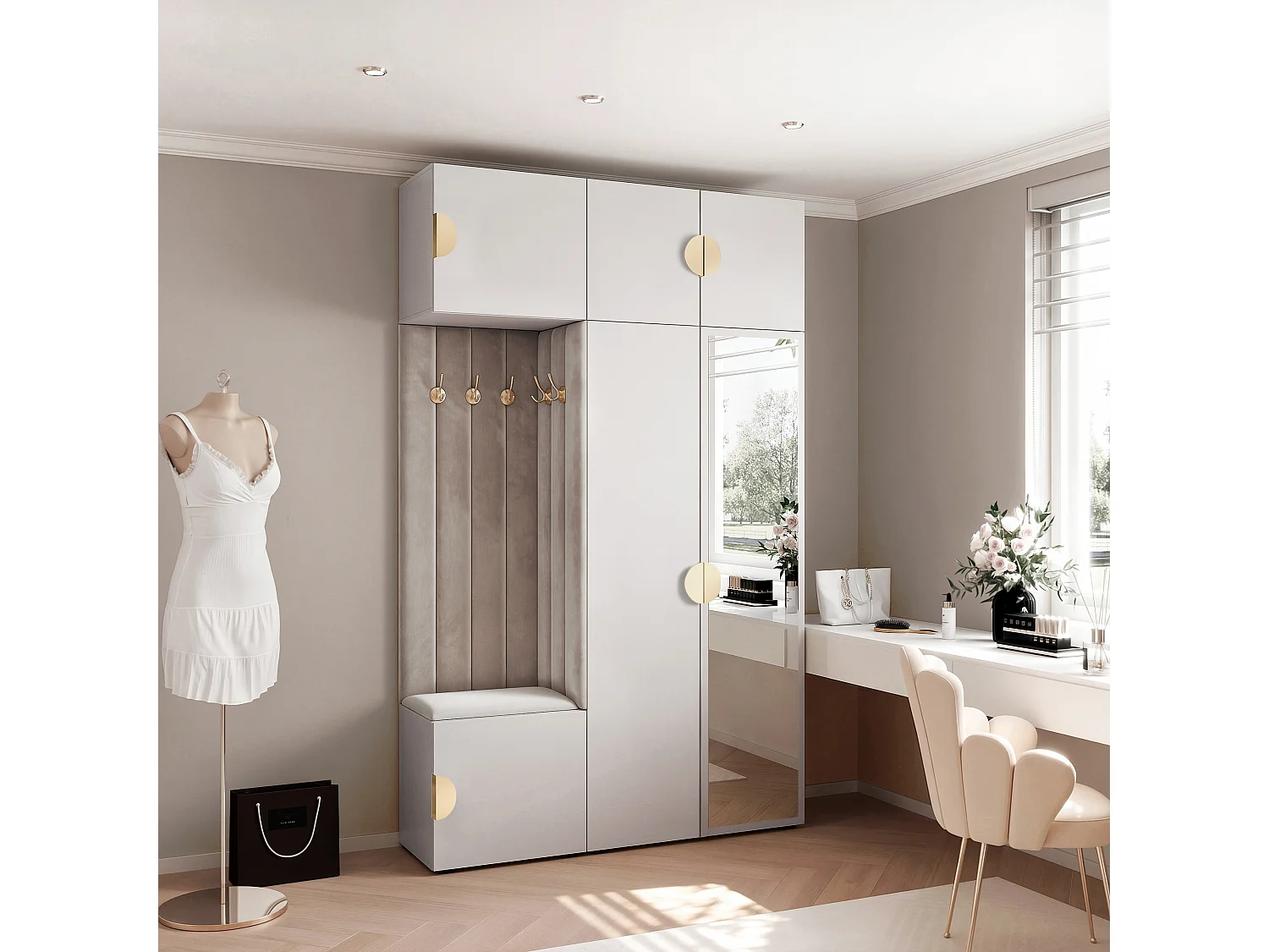 Garderobe Aria V7 Weiß Gepolstert Samt Hellgrau mit Spiegel Kleiderhaken und Regalen
