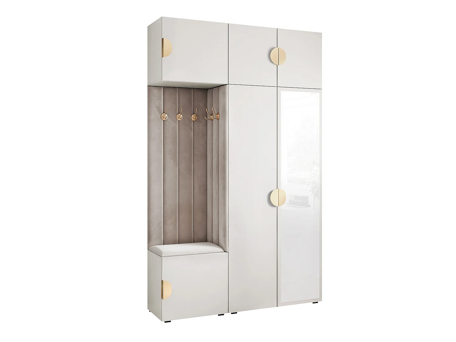 Garderobe Aria V7 Weiß Gepolstert Samt Hellgrau mit Spiegel Kleiderhaken und Regalen