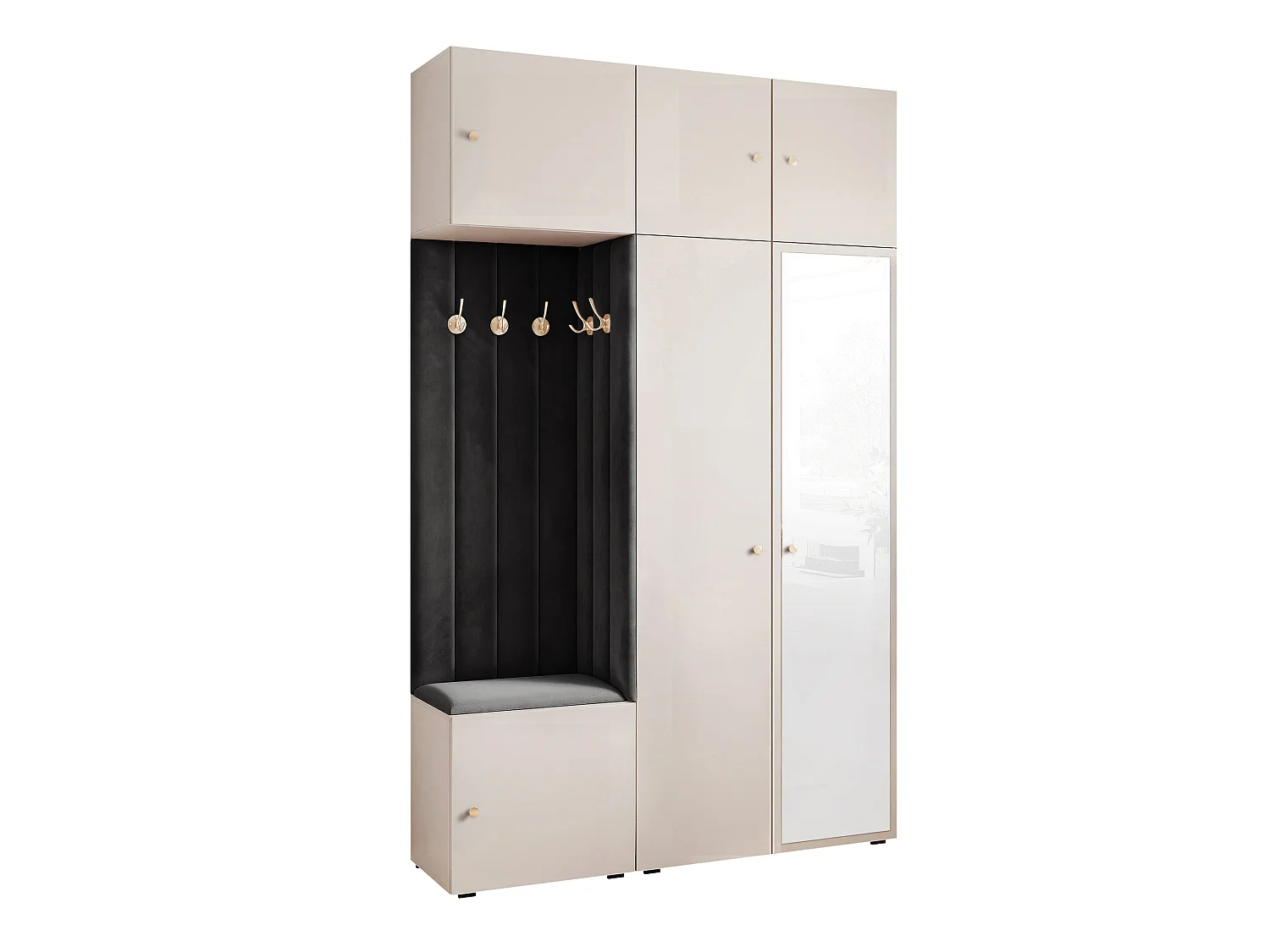 Garderobe Aria V7 Kaschmir Gepolstert Samt Schwarz mit Spiegel Kleiderhaken und Regalen